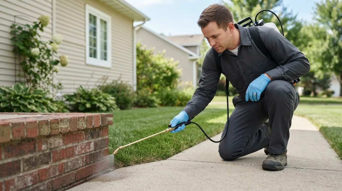 Pest control technician treating a home near Conley, GA